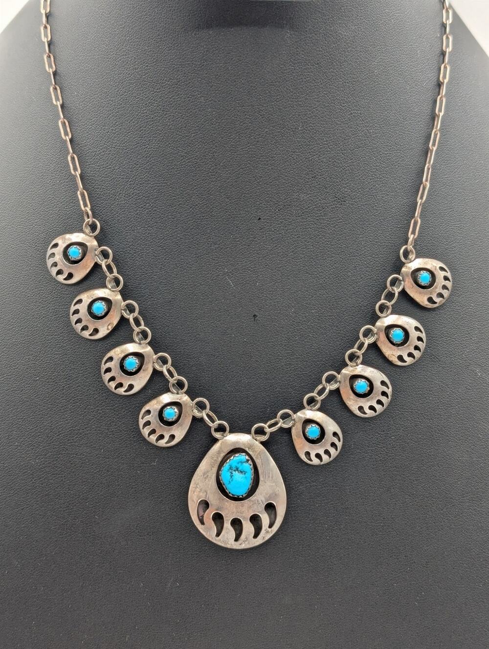 Vintage Navajo Signed SJ Sterling Silver Turquoise Bear Claw Chain 19" Necklace